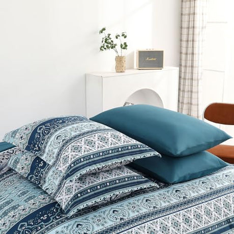 Cottolester Boho Blue Comforter Set Queen Size 8 Pieces,Teal Blue Comforter Bohemian Striped Bed in A Bag,Soft Microfiber Bedding Set for All Seasons Cottolester
