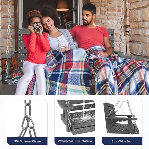 KINGYES Outdoor Hanging Porch Swing, 2 Seat Patio Swing Chair with Cup Holders, Waterproof Swing Chair Bench for Courtyard & Garden, 660LBS Weight Capacity, Gray KINGYES