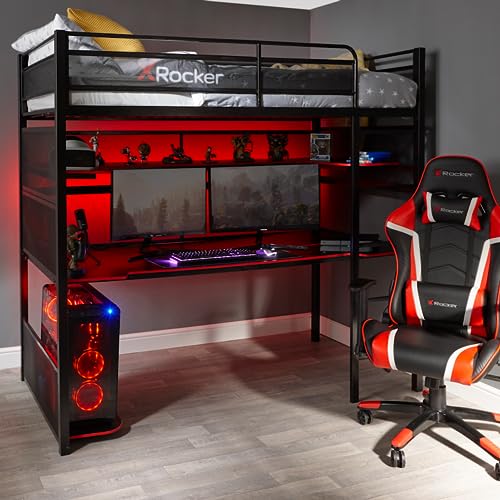 X Rocker BattleBunk Twin Size Gaming Bunk Bed, Durable Metal Frame with Built-in Gaming Desk and Shelving, Black and Red X Rocker