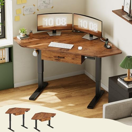 SEDETA Corner Electric Standing Desk, 32'' Small Height Adjustable Computer Desk with Drawer for Gaming, Small Space, Stand up Home Office Writing Desk, Rustic Brown SEDETA