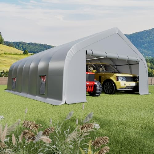 EROMMY 20x30 FT Heavy Duty Durable Carport, Silver Gray, Galvanized Steel Frame Garage Shelter and Outdoor Storage, Waterproof 3-Layer PE Cover, Fits 2 Cars, Boat, Farm Equipment EROMMY
