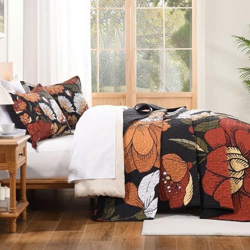Andency Floral Boho Quilt King Size Bedding Set Black, 3 Pieces Farmhouse Flower Botanical Summer Bedspreads with 2 Shams, Soft Reversible Lightweight Microfiber Coverlet Set for All Season, 106"x96" Andency
