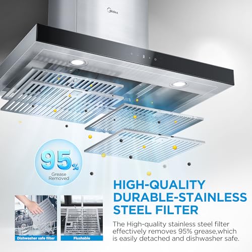Midea MVT30W9AST Range 30 Inch 450CFM Vent T Shape Stove Hood with 5-Layer Aluminum Permanent Filters Kitchen, Ductless Convertible, 3 Speed Exhaust Fan, Stainless Steel Midea