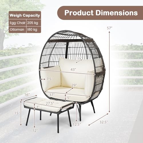 Tangkula Oversized Wicker Egg Chair with Ottoman, Patio Lounge Basket with 5 Soft Cushions, Stable Metal Frame, Gorgeous Indoor Outdoor Lounge Chair, Ideal for Living Room, Backyard, 450 LBS Max Load Tangkula
