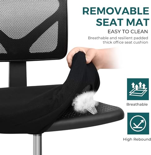 DUMOS Armless Office Chairs with Wheels, Ergonomic Adjustable Home Desk Swivel Rolling Task Chair No Arms, Comfy Mesh Mid Back Computer Work Vanity Desk Chairs for Small Spaces, Dark Black DUMOS