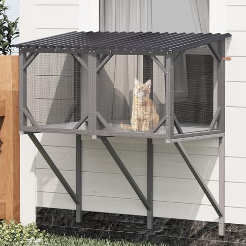 Cat Window Perch, Cat Catio for Large Indoor Cats, Outdoor Pet House Weatherproof, Catio Outdoor Enclosure, Space-Saving Pet Furniture for Window Naps and Sunbathing (Black+ Gray, 43.3) VKTO