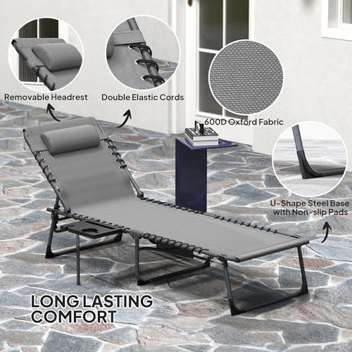 Outsunny Folding Chaise Lounge Chair Outdoor Tanning Chair with Side Table, 5-Level Adjustable Beach Lounge Chair with Headrest, Side Pocket for Patio, Backyard, Beach, Poolside, Gray