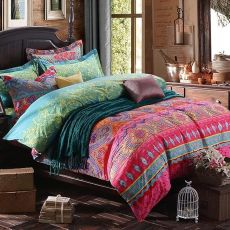 TISPLR Boho Twin Comforter Set Soft Chic Bedding Twin Comforter Set 2 Pieces Lightweight Exotic Red Teal Bohemian Mandala Colorful Retro Printed Comforter Set for All Seasons Luxury Comfy TISPLR
