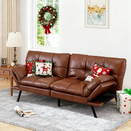MUUEGM 71" Convertible Futon Sofa Bed, Adjustable Backrest & Armrest Couch, Comfortable Sleeper Loveseat with Faux Leather, Ideal for Small Space Living Room, Apartment, Office, Brown MUUEGM