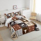 Cowboy Comforter Set Twin Size,Southwestern Aztec Country Horse Bedding Set 2pcs,Rustic Ranch Retro Animal Down Comforter,Brown Patchwork Farmhouse Bed Set for Kids Boys Teens,1 Pillowcase,No Sheets Manfei