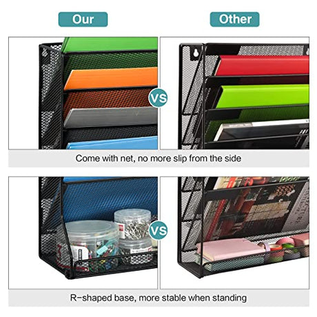 Jakyitvi File Organizer Wall Mounted, 4 Tiers Durable Adjustable Metal Desk Organizer, Desktop Hanging File Holder with 4 Pen Slots Stable, 4 Pull-Out Divider for File, Mail, Black, Patent Pending Jakyitvi