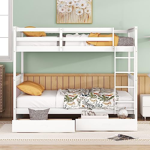 Merax Twin Over Twin Wood Bunk Bed with Storage Drawers in White - WoodArtSupply