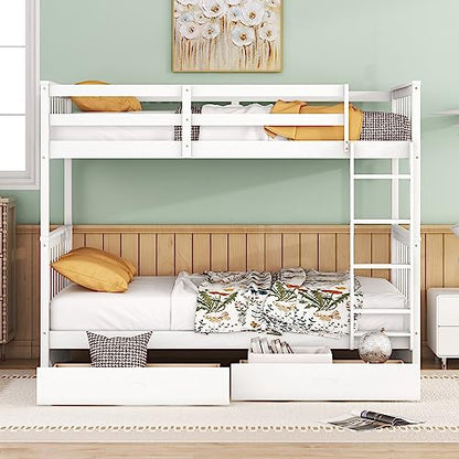 Merax Twin Over Twin Wood Bunk Bed with Storage Drawers in White - WoodArtSupply