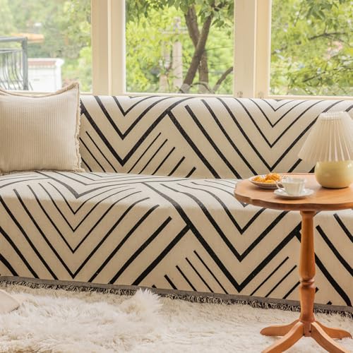 VClife Soft Chenille Couch Cover Modern Geometric Herringbone Jacquard Sofa Slipcover Black Beige Cream Arrow L Shape Futon Sofa Cover Furniture Protector with Lace, Fade Resistant, Easy Care
