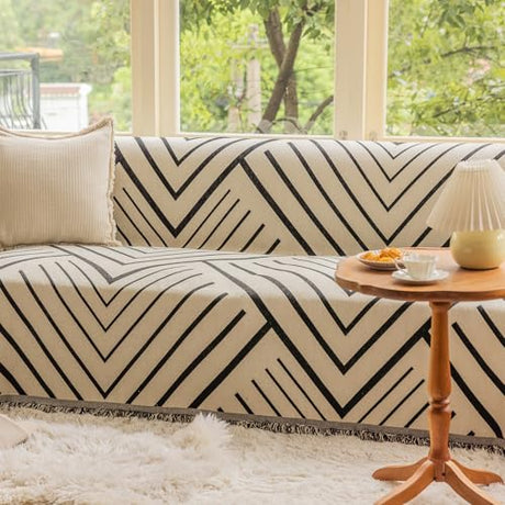 VClife Soft Chenille Couch Cover Modern Geometric Herringbone Jacquard Sofa Slipcover Black Beige Cream Arrow L Shape Futon Sofa Cover Furniture Protector with Lace, Fade Resistant, Easy Care VClife