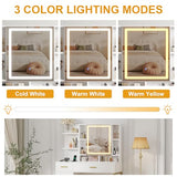 IDEALHOUSE Vanity Desk with Mirror and Lights, 42.5" Makeup Vanity Set with Stool, Makeup Table with Mirror Cabinet and Chair, Drawers & Shelves, Dressing Table with Outlet for Bedroom, White IDEALHOUSE