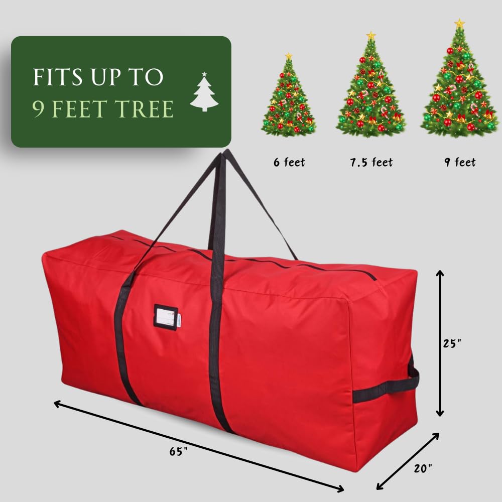 Primode Christmas Tree Storage Bag | Fits Up to 9 Ft. Tall Disassembled Tree | 25" Height X 20" Wide X 65" Long | Durable 600D Oxford Material | Heavy Duty Xmas Storage Container (Red) Primode
