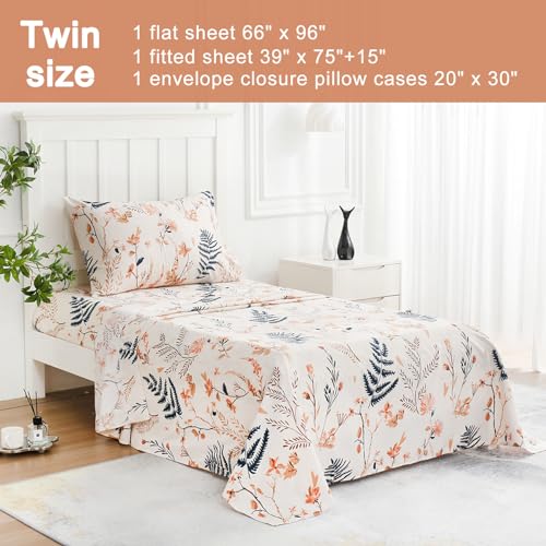 JSD Boho Floral Printed Sheet Set Twin Size 3 Piece, Soft Botanical Pattern Microfiber Sheets Extra Deep Pocket JSD