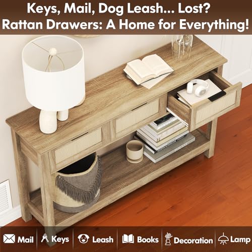 Luoxiao Rattan Console Table Boho Entryway Table with 3 Drawers Storage, Narrow Long Behind Couch Sofa Table for Living Room Side Table Entry Way Table Entrance Hallway Foyer, Natural, 47 Inch Luoxiao
