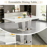 Goujxcy 11-Piece Extendable Dining Table Set for 10, 63-94.5" Faux Marble Kitchen Table Set with 10 Grey Tufted Chairs, Modern Expandable Dining Room Table for 6 8 10 with Mirrored Dual Column Base Goujxcy