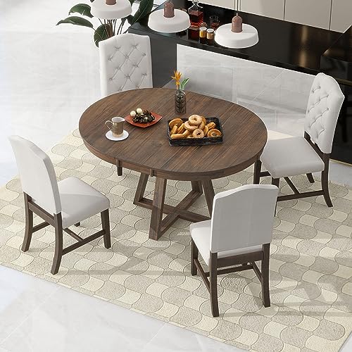 Merax 5-Piece Extendable Round Dining Table Set with a 16" W Leaf & 4 Upholstered Chairs, Retro Style Kitchen Dining Table for Dining Room, Kitchen Furniture Set for Family (Walnut) - WoodArtSupply