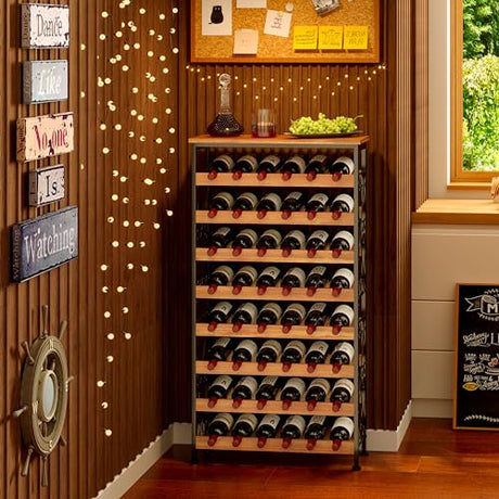 48 Bottles Floor Wine Rack with Wood Top, Freestanding Wine Bottle Organizer Shelf, Wobble-Free 8 Tier Wine Display Storage Stand for Kitchen Pantry, 25.2''L x 10.7''W x 47.2''H Sonyabecca