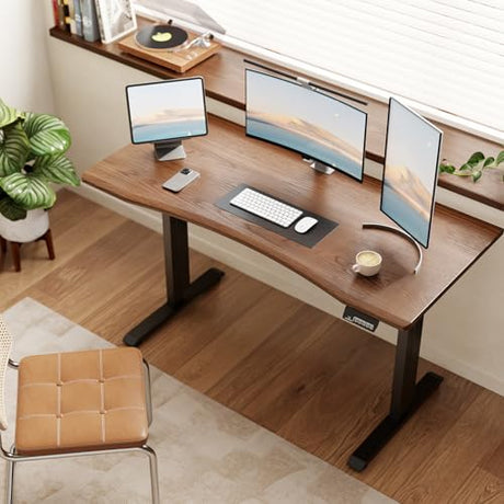 Solid Wood Electric Standing Desk 55"x23.6"Home Office Desk,Adjustable Workbench with 3 Stages Dual Motor, Computer Workstation with T-Shaped Metal Bracket,Walnut Standing Table for Gaming Room(1 Box) YAZIFIRSTLY