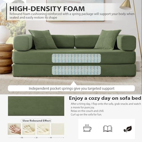 HANXIN 78 Inch Convertible Sleeper Sofa Bed, Folding Floor Mattress Couch with Fixed-Shape Frame, Futon Boneless Couch Lounge Loveseat with Pull Out Bed, No Assembly Required (Green) HANXIN