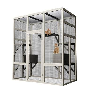 70" Large Outdoor Catio Cat Enclosure, Wood Cat Patio with Waterproof UV-Resistant Roof, Cats Shelter with 5 Platforms and 2 Resting Box, and Secure Rust-Proof Wire for Backyard or Patio