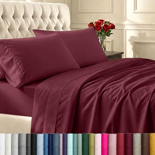 California Design Den Full Size Bed Sheets Set - Soft 400 Thread Count Sateen, Natural 100% Cotton Sheets with Deep Pockets, Breathable, and Durable Bedding Set - Burgundy Red California Design Den