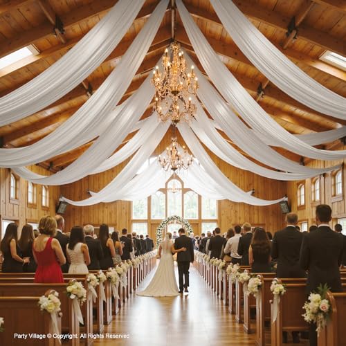 50ftx40ft White Ceiling Curtain for Wedding Parties – 10 Panels Wrinkle-Free 40 FT Long Tent Draping Curtains for Wedding, Birthday & Theme Parties, 40ft Height with Rod Pocket Party Village