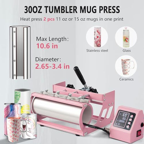 Leomru 5 in 1 Heat Press Machine 15x15 Inch, Heat Press Machine for T Shirts Hat Cap Mug Plate 360° Swing Away, Sublimation Heat Press Heat Transfer Machine W/ 30OZ Tumbler Press Pink Leomru