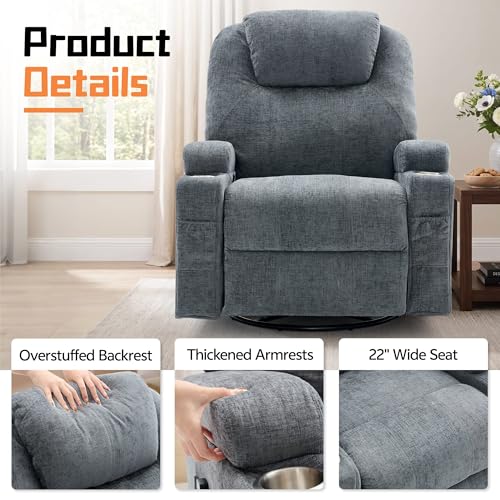 Korser Recliner Chair, 360° Manual Swivel Rocker Chair with Overstuffed Headrest, Rocking Chair with Massage and Heating, Lounge Chair with Cup Holders for Living Room, Bedroom, Nursery, RV, Chenille