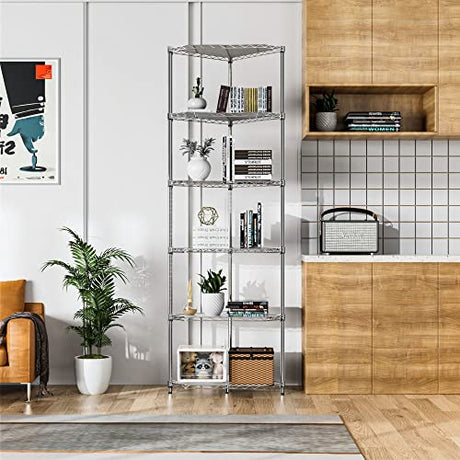 6-Tier NSF Metal Corner Shelf Wire Shelving Unit - 600lbs Capacity, Adjustable, with leveling feet & Shelf Liners - Ideal for Garage, Kitchen - 20" L x 20" D x 72" H - Pentagonal-Shape - Chrome pouseayar