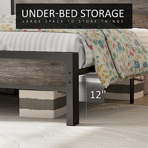 AMERLIFE Industrial Queen Size Bed Frame with Charging Station & 2-Tier Storage Headboard in Rustic Grey - WoodArtSupply