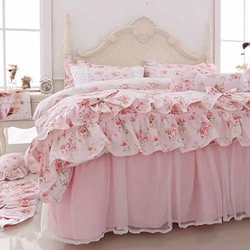 LELVA Romantic Roses Print Duvet Cover Set with Bed Skirt Pink Lace Ruffle Floral Shabby Chic Bedding Sets Full 4 Piece LELVA