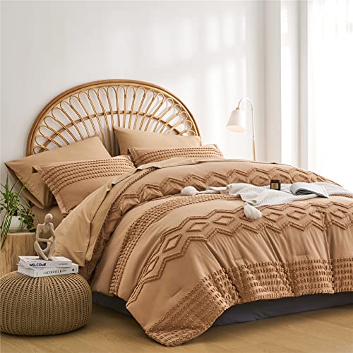 KAKIJUMN Khaki Tufted Comforter Set Full Size 7 Piece Bed in a Bag, Shabby Chic Boho Comforter and Sheet Set, Pom Pom Textured Bed Set, All Season Soft Microfiber Complete Bedding Set(Khaki,Full) KAKIJUMN