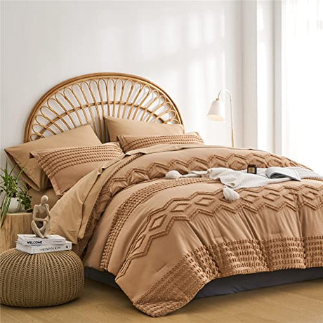 KAKIJUMN Khaki Tufted Comforter Set Full Size 7 Piece Bed in a Bag, Shabby Chic Boho Comforter and Sheet Set, Pom Pom Textured Bed Set, All Season Soft Microfiber Complete Bedding Set(Khaki,Full) KAKIJUMN