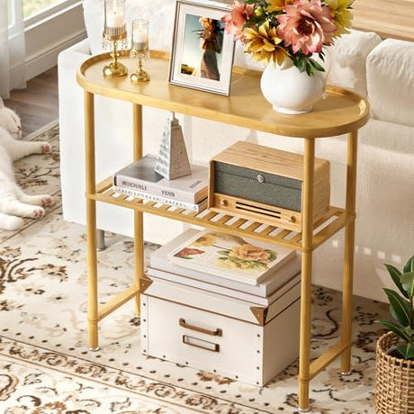 Small Entryway Table Bamboo 30.7", Narrow Hallway Table Oval Top 2-tier, Slim Console Table with Anti-fall Edge, Sofa Side Table 5min Easy Assembly, Small TV Stand for Bedroom, Indoor Plant Stand Atoping