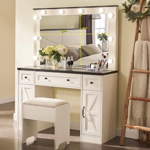 JXQTLINGMU 43" Farmhouse Makeup Vanity Desk with Mirror and Lights, Vanity Set with Glass Tabletop and 3 Drawers & 2 Cabinets, Stool Included, Off White… - WoodArtSupply