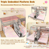 KOTEK Triple Bunk Bed with Stairs, Twin Over Twin & Twin Bunk Bed Frame with Guardrail & Storage, Wooden Bunkbeds for 3 Kids Teens, No Box Spring Needed (Grey) KOTEK