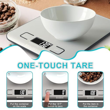 Food Scale Kitchen-Scale 11lb/5kg Food Scale for Kitchen Stainless Steel LCD Display Tare Function (g/oz/ml) for Meal Prep Coffee (Batteries Included) SEAUMOON