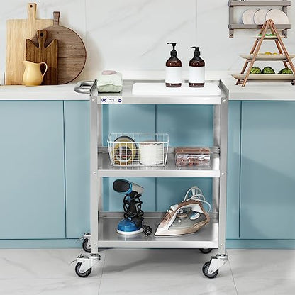 Hally Stainless Steel Utility Cart 3 Tier NSF Commercial Heavy Duty Metal Mobile Food Rolling Cart with Handle and Wheels for Kitchen, Restaurant, Hospital, Laboratory and Home, 24" L x 16" W x 34" H