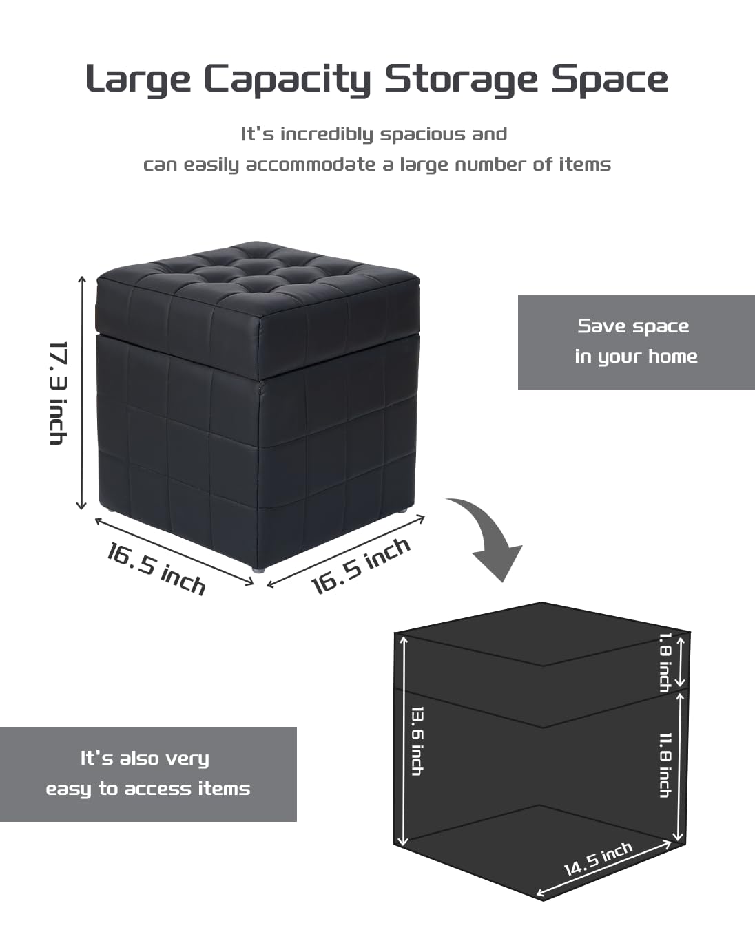 aoohxzr 17" Square Storage Ottoman Bench,Wooden Frame Loads,Flip-top Design,12.2 Gallons,Entryway Bedroom Living Room Foot Stool,Synthetic Leather with Stitching,Light Luxury Modern Style,Ferrous aoohxzr