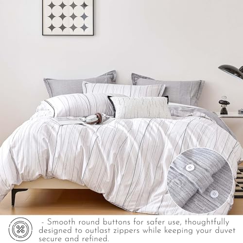ALEISSEL Modern Urban 100% Natural Cotton Duvet Cover Sets 3Pcs - Gray Artistic Lines Pattern on White with Textured Light-Gray Reverse, Minimalist Bedding Set with Button Closure(King,104"×90" ALEISSEL