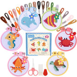 Caydo 6 Pieces Sea Animal Cross Stitch Kit for Kids with Stamped Aida Cloth, Embroidery Hoops, Keychains, Embroidery Tools and Instructions for Beginners DIY Craft Ornament