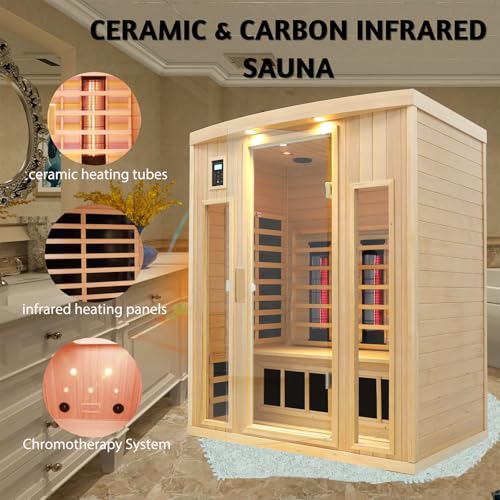 KUNSANA Ceramic Infrared Sauna 3 Person, Low EMF Infrared Saunas for Home, Hemlock Indoor Sauna Room, 2- in - 1 Heating Panels, Bluetooth Speakers, Chromotherapy Lights KUNSANA