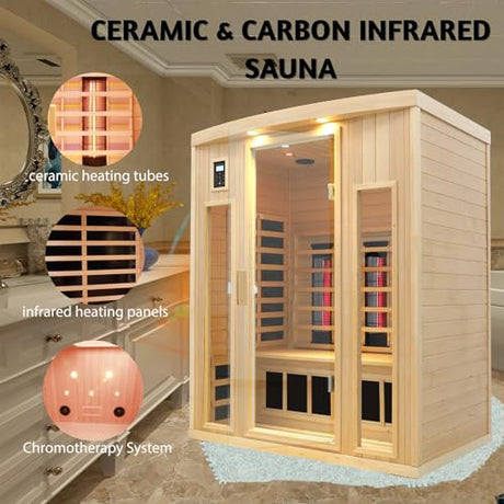 KUNSANA Ceramic Infrared Sauna 3 Person, Low EMF Infrared Saunas for Home, Hemlock Indoor Sauna Room, 2- in - 1 Heating Panels, Bluetooth Speakers, Chromotherapy Lights KUNSANA