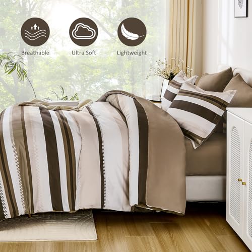 WONGS BEDDING Comforter Queen Size, Brown 7 Pieces Comforter for Queen Bed Striped Bed in a Bag Soft Bedding Comforter Set for All Season(90"×90") WONGS BEDDING