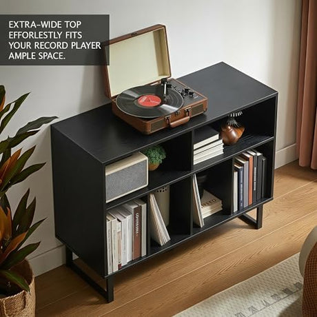 FurnPulse Large Record Player Stand with Storage 1000+ Albums, Mid Century Modern Turntable Stand Cabinet, Record Player Table Media Console TV Stand Bookshelf for Living Room, Black Walnut FurnPulse